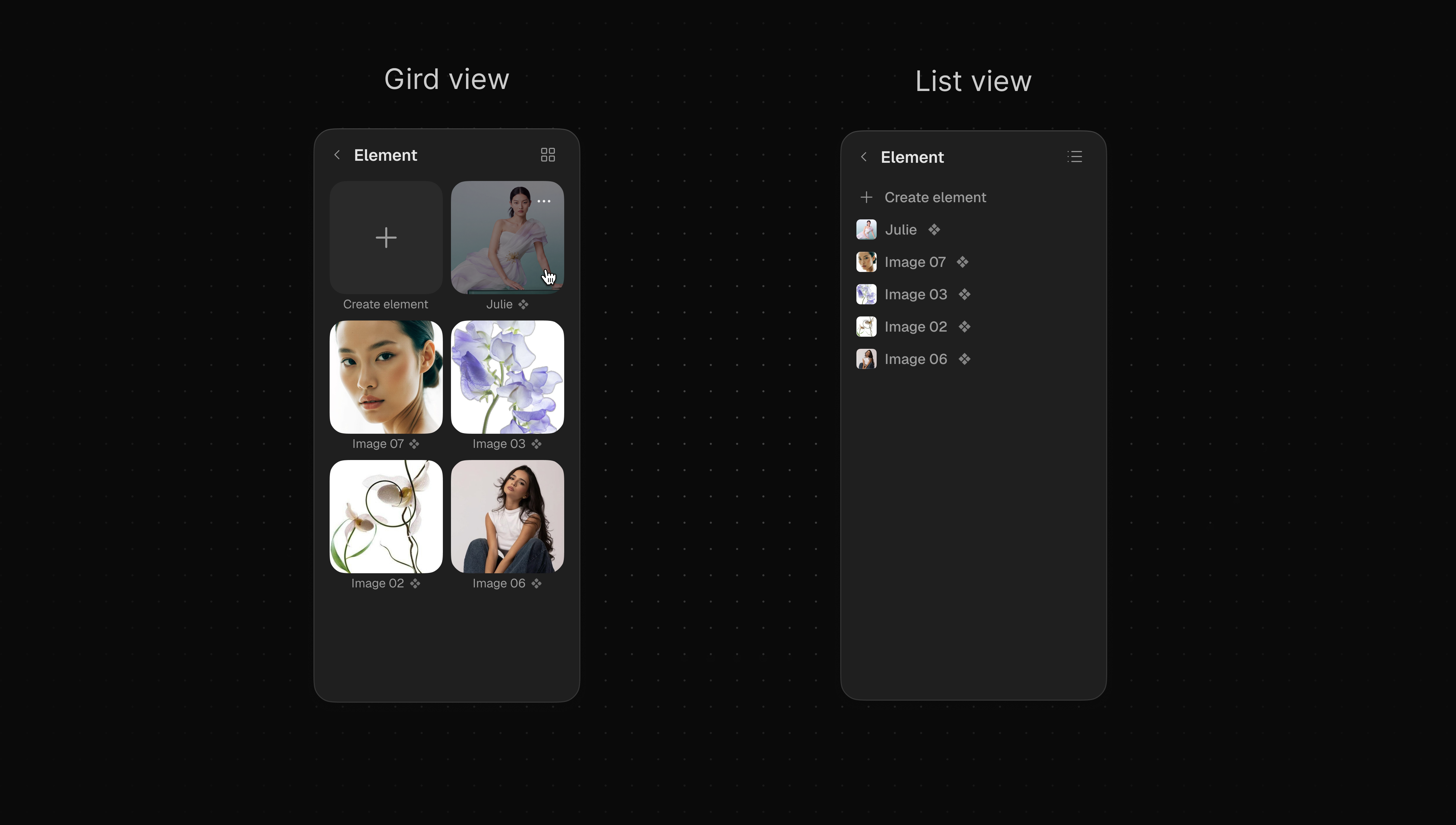 Element Library grid and list view information architecture