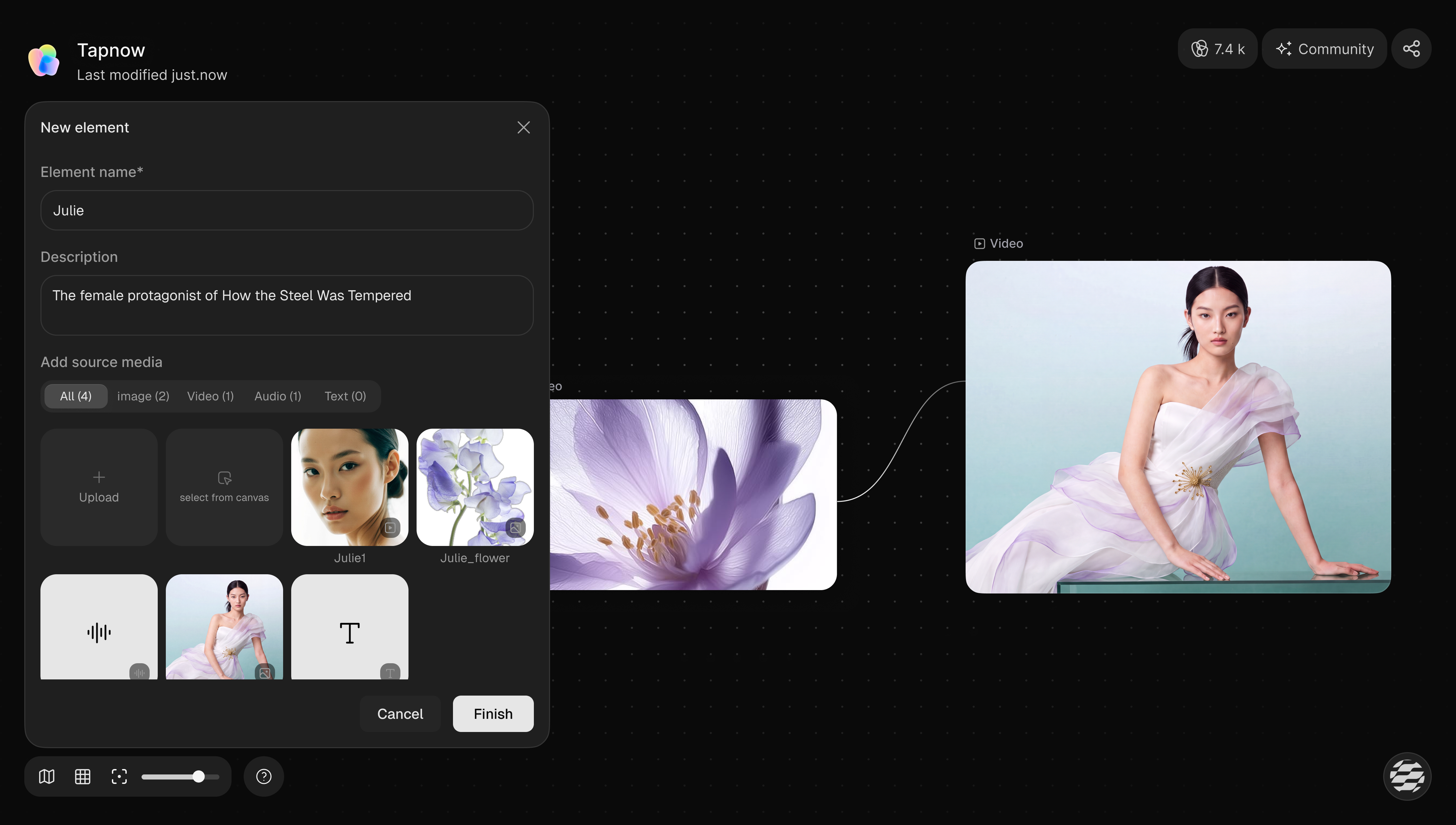 Element media management panel with images video audio and text assets