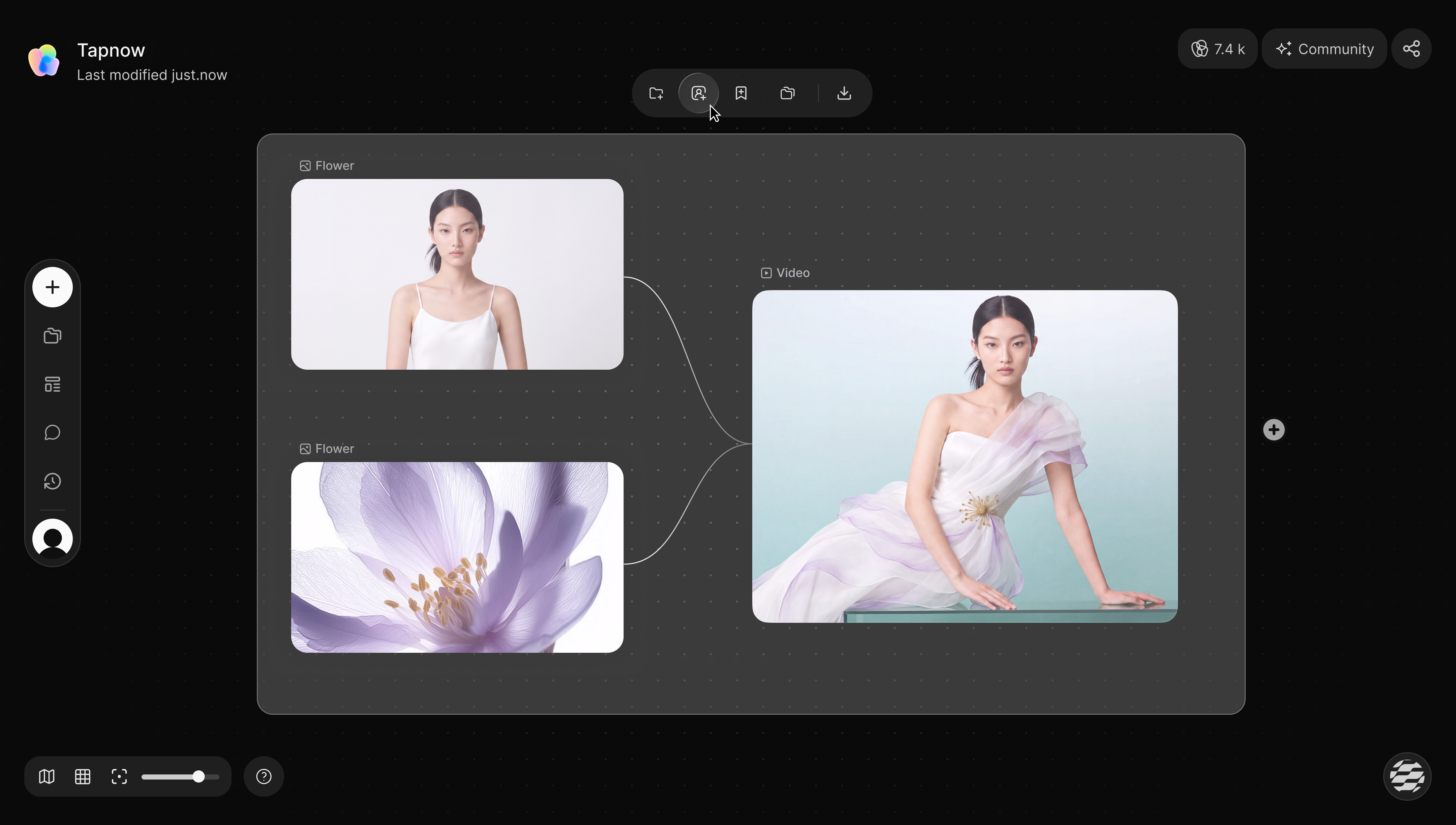TapNow canvas workflow showing element reference composition